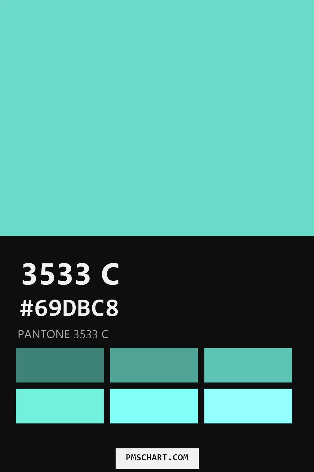 Pantone 3533 C color reference card (HEX #69DBC8) with six nearest Pantone matches