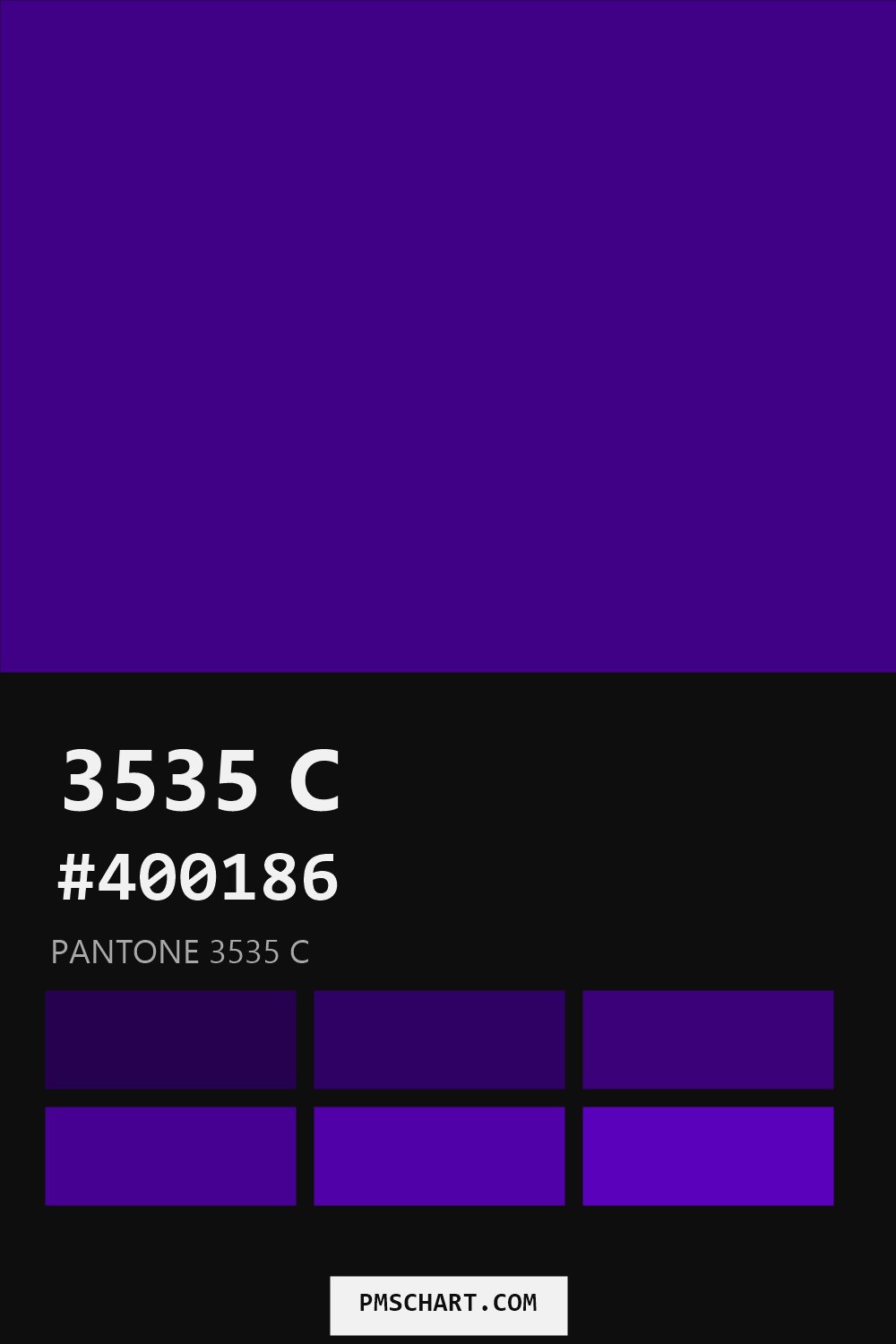 Pantone 3535 C color reference card (HEX #400186) with six nearest Pantone matches