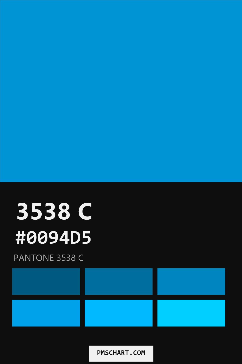 Pantone 3538 C color reference card (HEX #0094D5) with six nearest Pantone matches