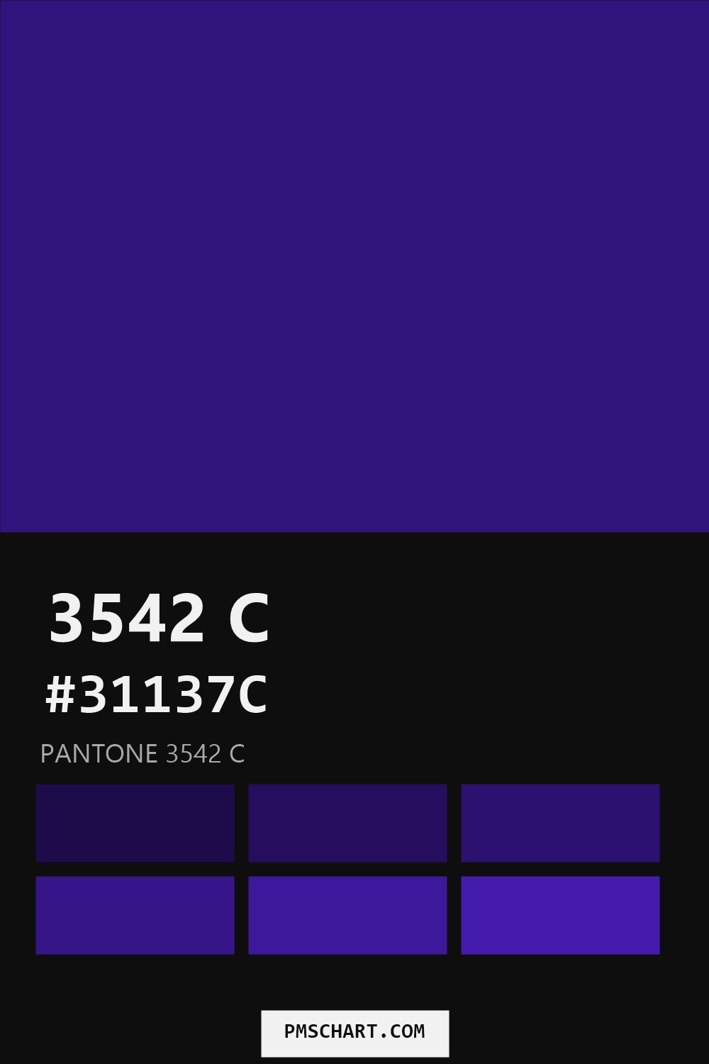 Pantone 3542 C color reference card (HEX #31137C) with six nearest Pantone matches