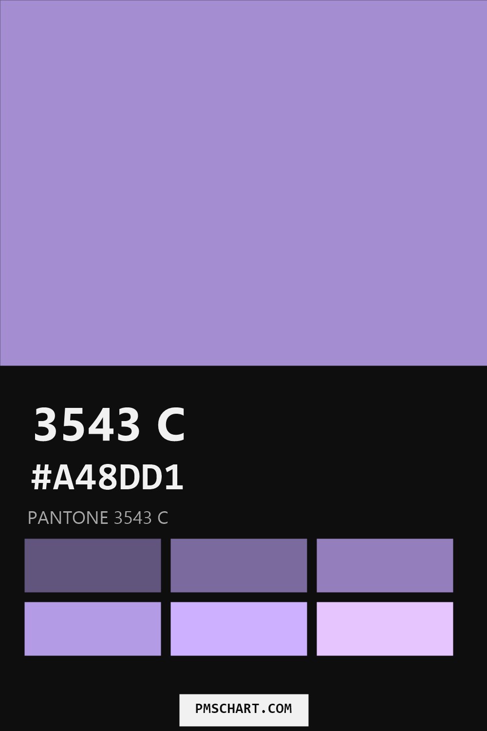 Pantone 3543 C color reference card (HEX #A48DD1) with six nearest Pantone matches