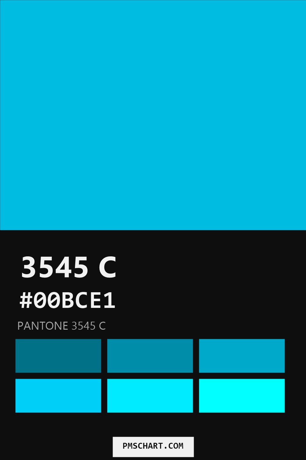 Pantone 3545 C color reference card (HEX #00BCE1) with six nearest Pantone matches