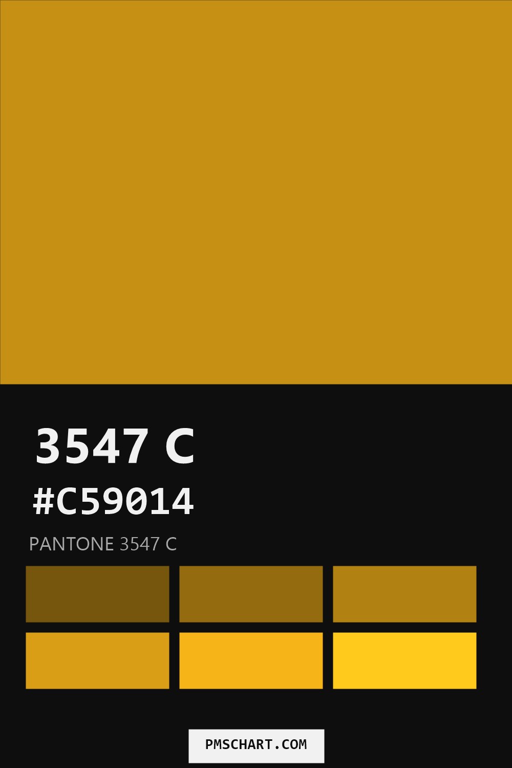 Pantone 3547 C color reference card (HEX #C59014) with six nearest Pantone matches