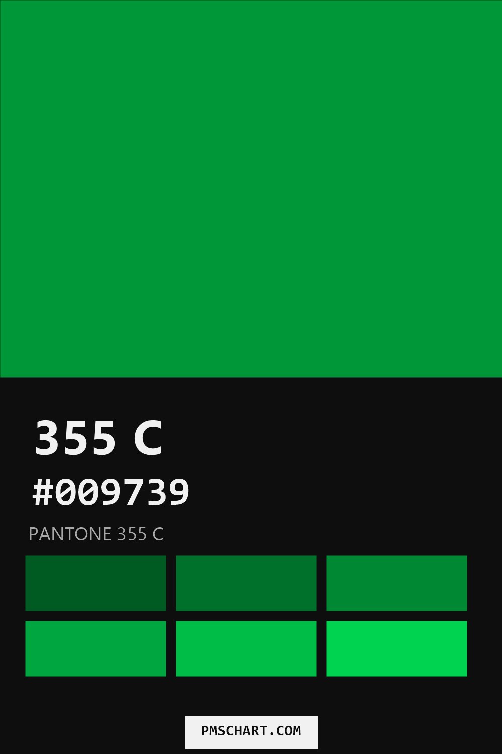Pantone 355 C color reference card (HEX #009739) with six nearest Pantone matches
