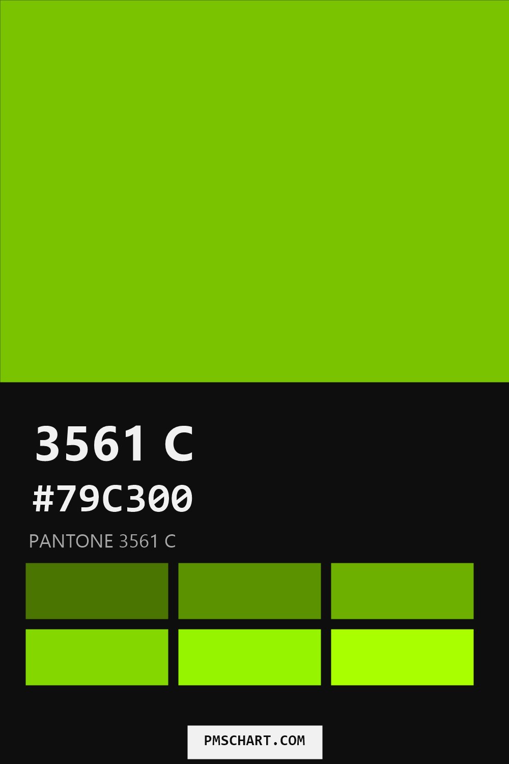Pantone 3561 C color reference card (HEX #79C300) with six nearest Pantone matches
