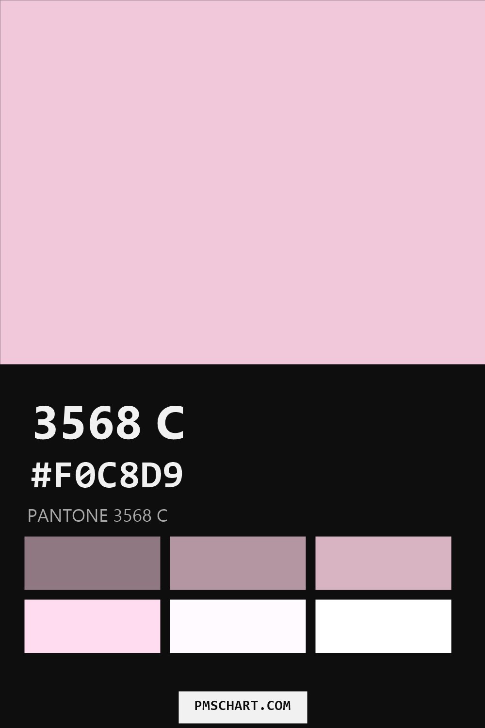 Pantone 3568 C color reference card (HEX #F0C8D9) with six nearest Pantone matches