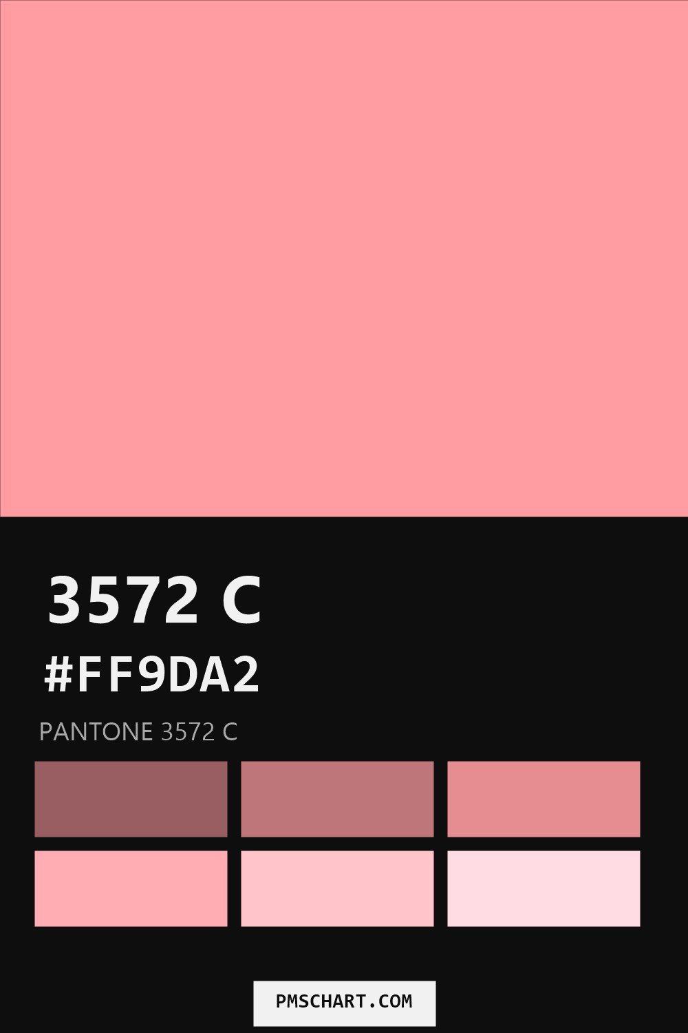 Pantone 3572 C color reference card (HEX #FF9DA2) with six nearest Pantone matches