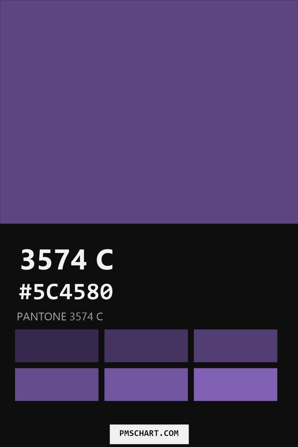 Pantone 3574 C color reference card (HEX #5C4580) with six nearest Pantone matches
