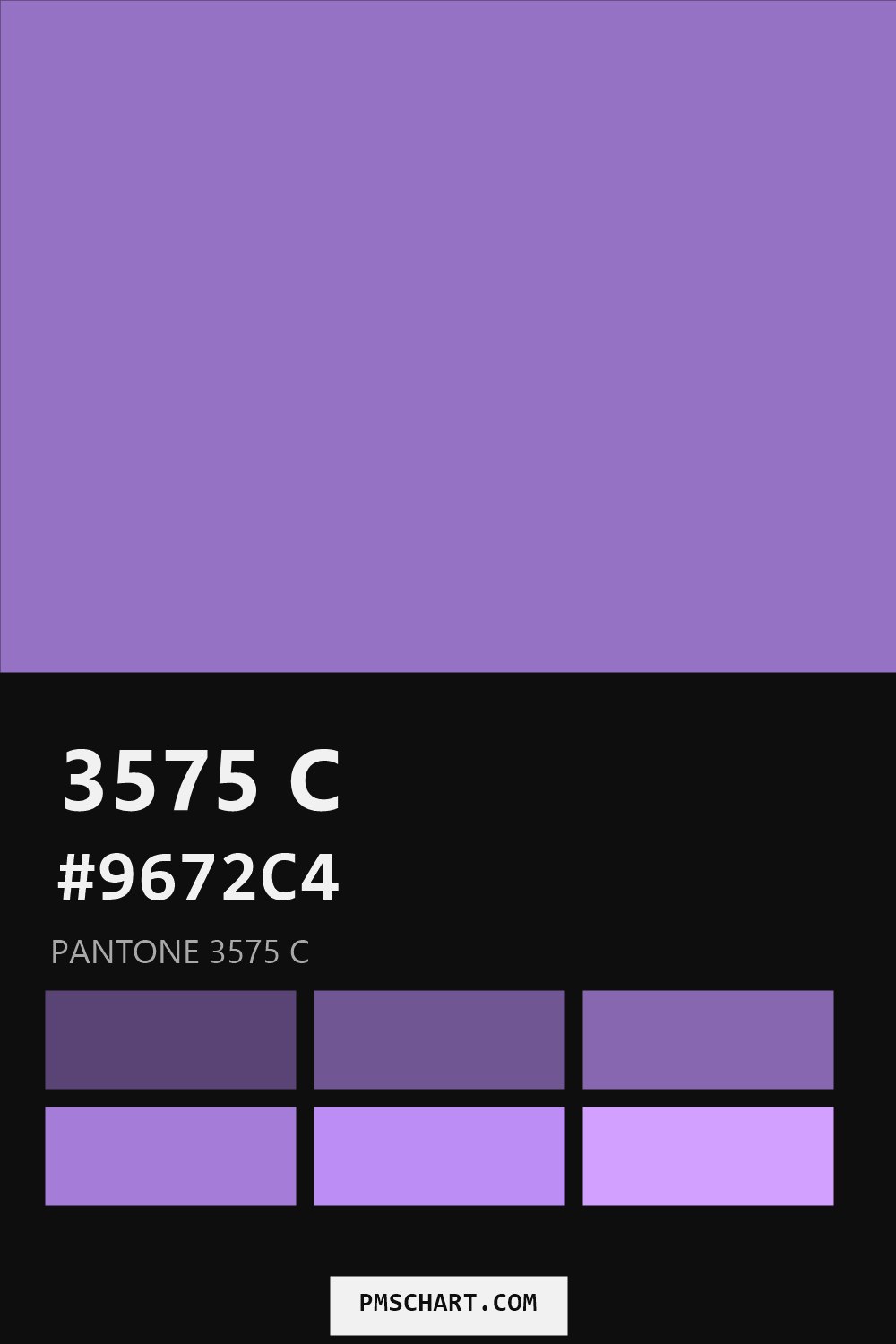 Pantone 3575 C color reference card (HEX #9672C4) with six nearest Pantone matches