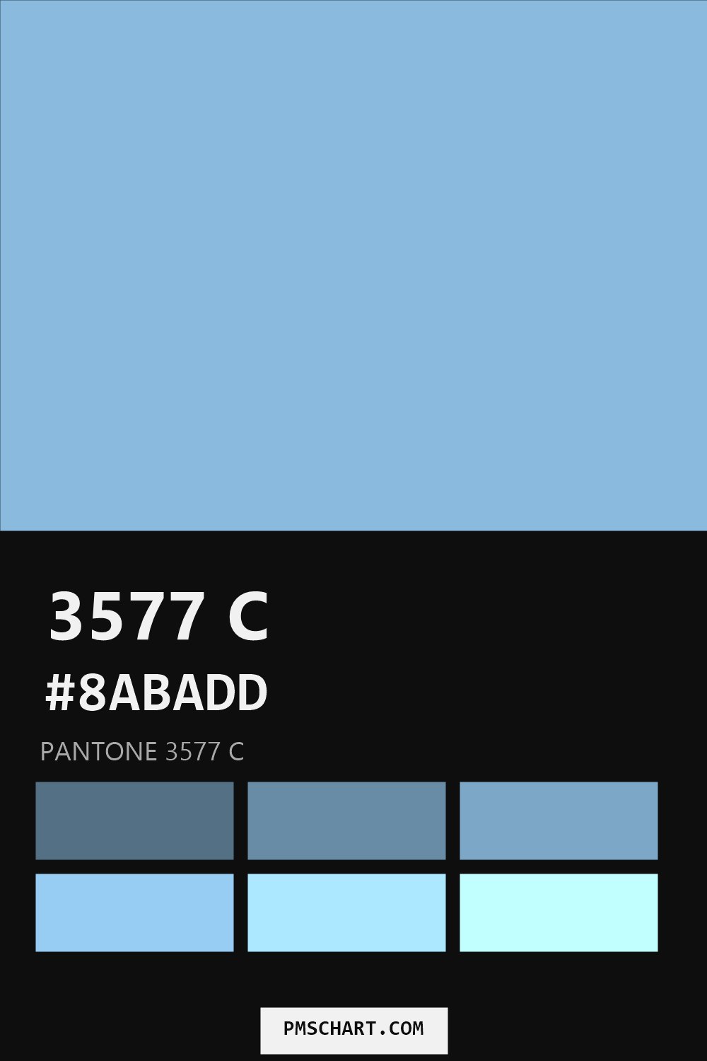 Pantone 3577 C color reference card (HEX #8ABADD) with six nearest Pantone matches