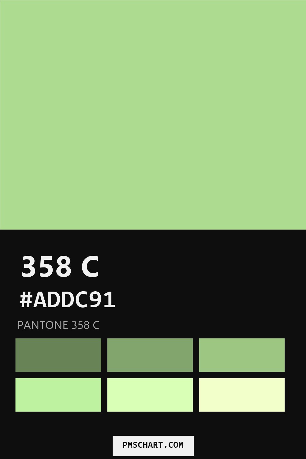 Pantone 358 C color reference card (HEX #ADDC91) with six nearest Pantone matches
