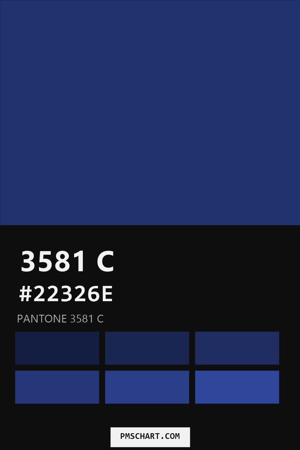 Pantone 3581 C color reference card (HEX #22326E) with six nearest Pantone matches