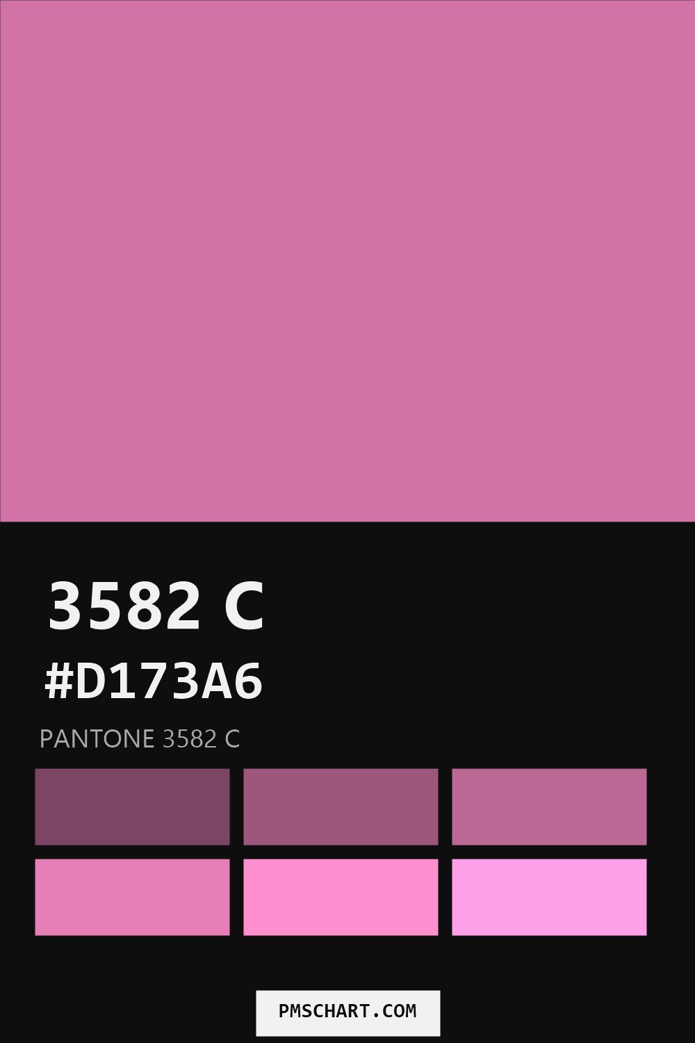 Pantone 3582 C color reference card (HEX #D173A6) with six nearest Pantone matches