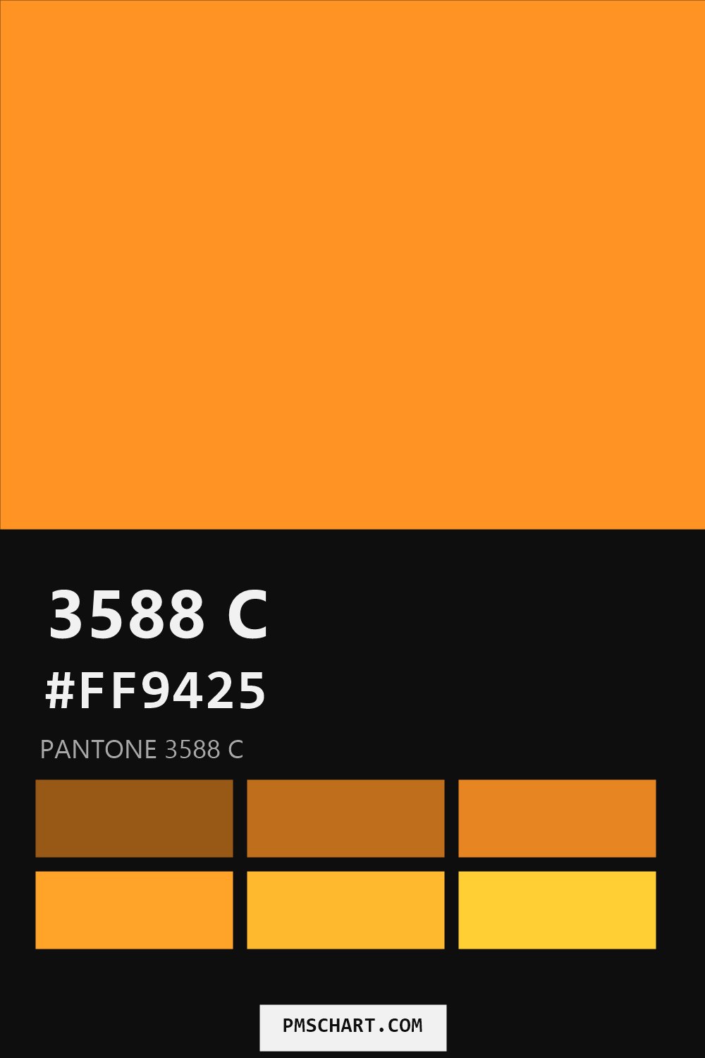 Pantone 3588 C color reference card (HEX #FF9425) with six nearest Pantone matches
