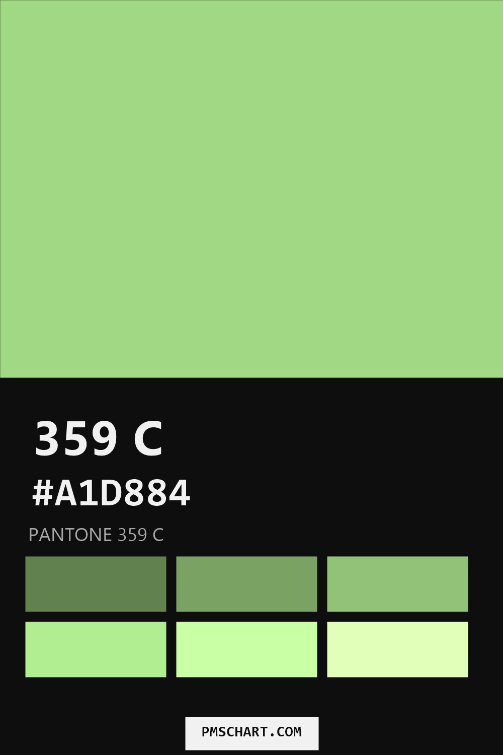 Pantone 359 C color reference card (HEX #A1D884) with six nearest Pantone matches