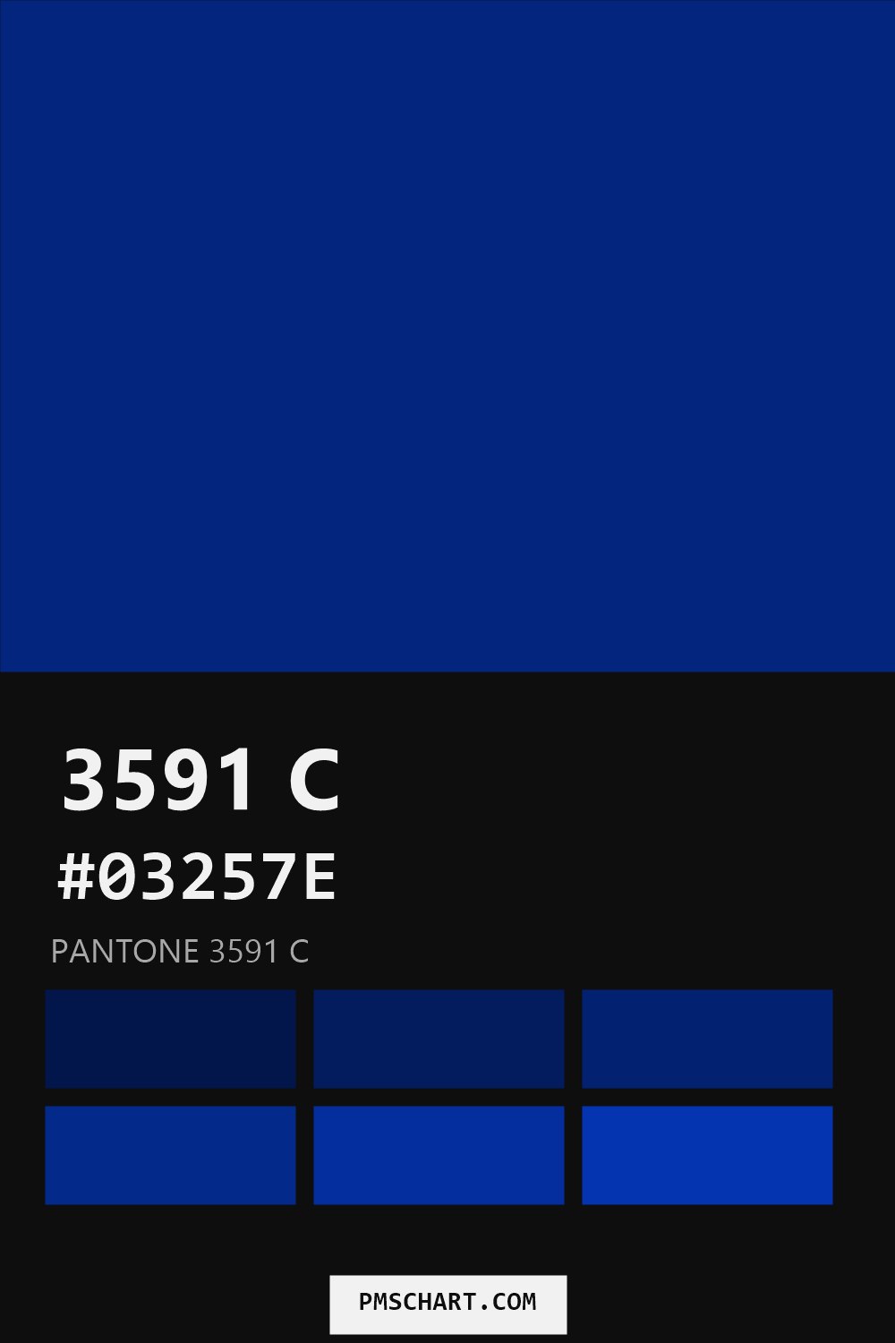 Pantone 3591 C color reference card (HEX #03257E) with six nearest Pantone matches