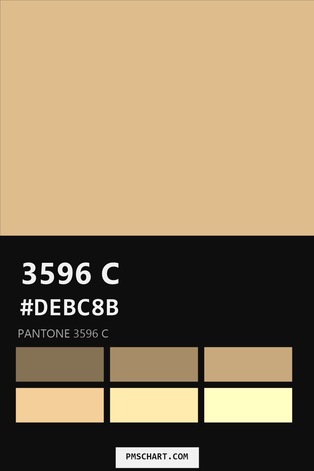 Pantone 3596 C color reference card (HEX #DEBC8B) with six nearest Pantone matches
