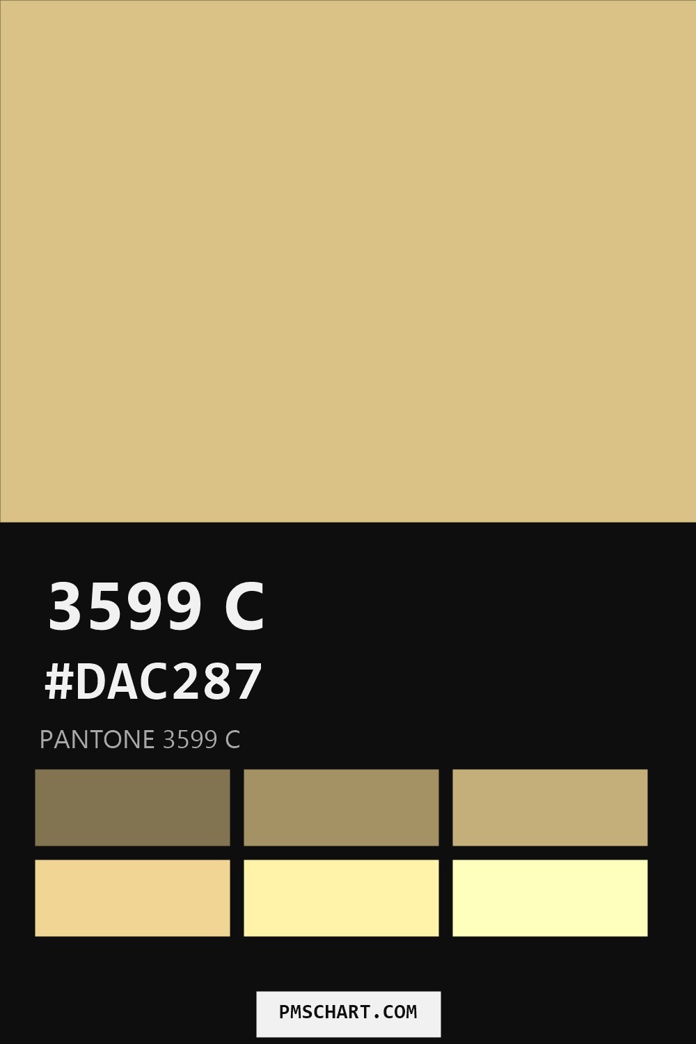 Pantone 3599 C color reference card (HEX #DAC287) with six nearest Pantone matches