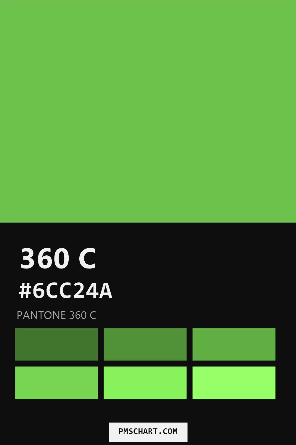 Pantone 360 C color reference card (HEX #6CC24A) with six nearest Pantone matches