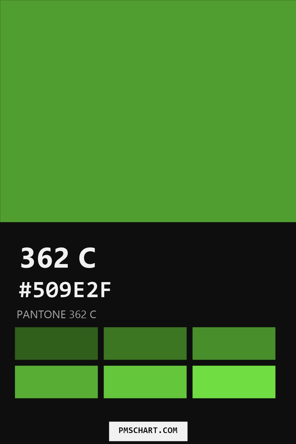 Pantone 362 C color reference card (HEX #509E2F) with six nearest Pantone matches