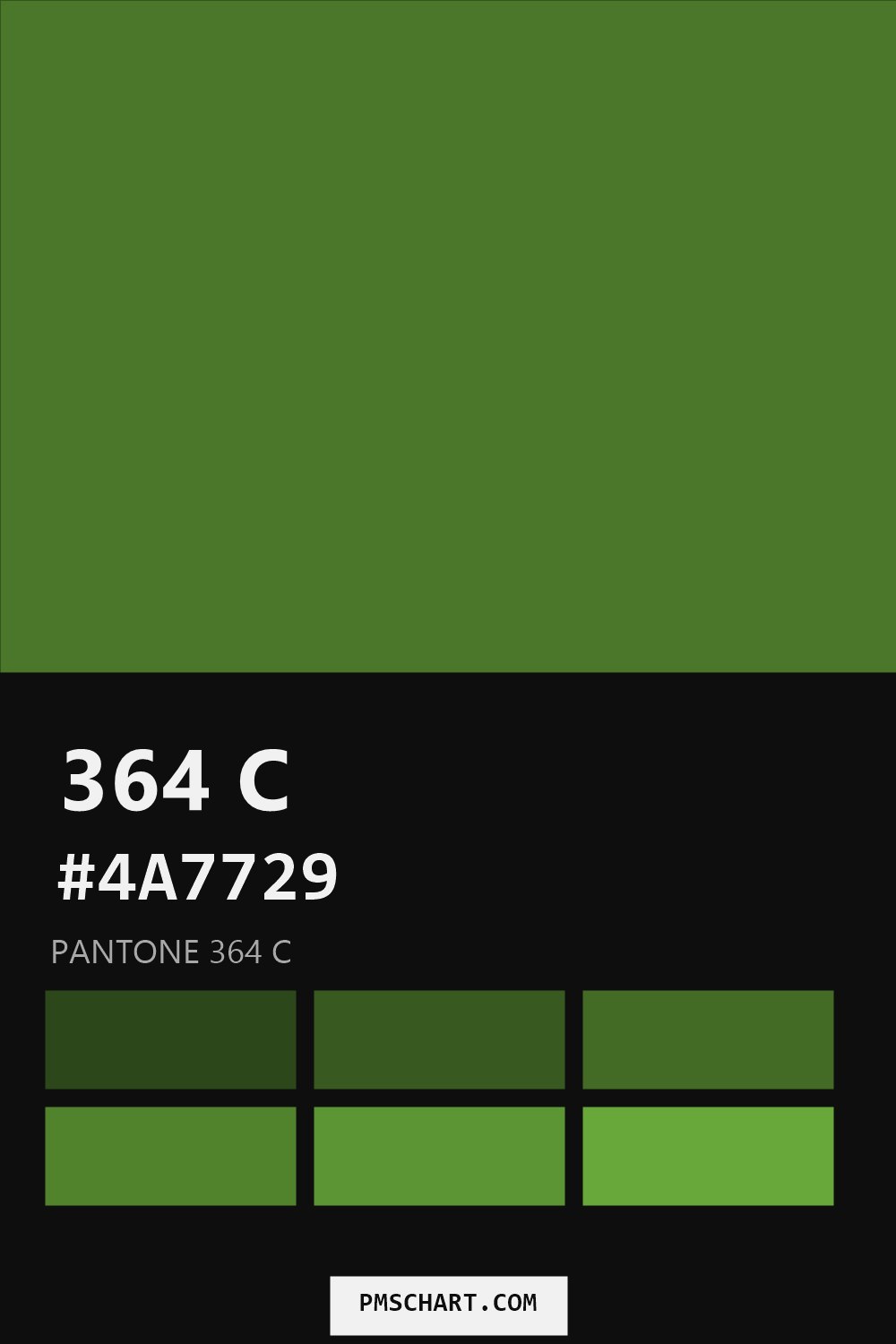 Pantone 364 C color reference card (HEX #4A7729) with six nearest Pantone matches