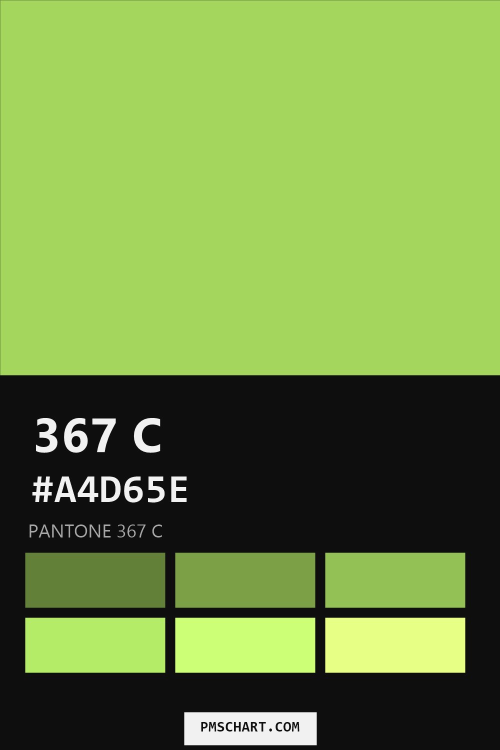 Pantone 367 C color reference card (HEX #A4D65E) with six nearest Pantone matches
