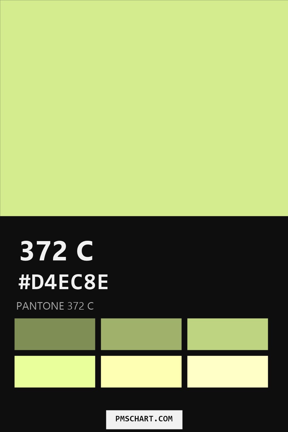 Pantone 372 C color reference card (HEX #D4EC8E) with six nearest Pantone matches