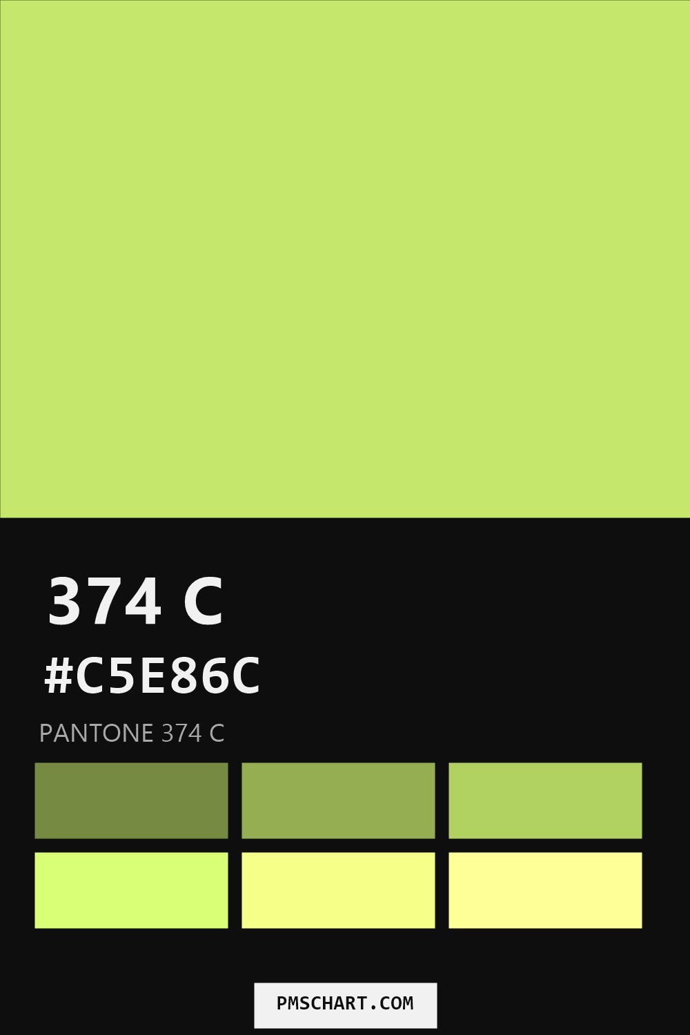Pantone 374 C color reference card (HEX #C5E86C) with six nearest Pantone matches