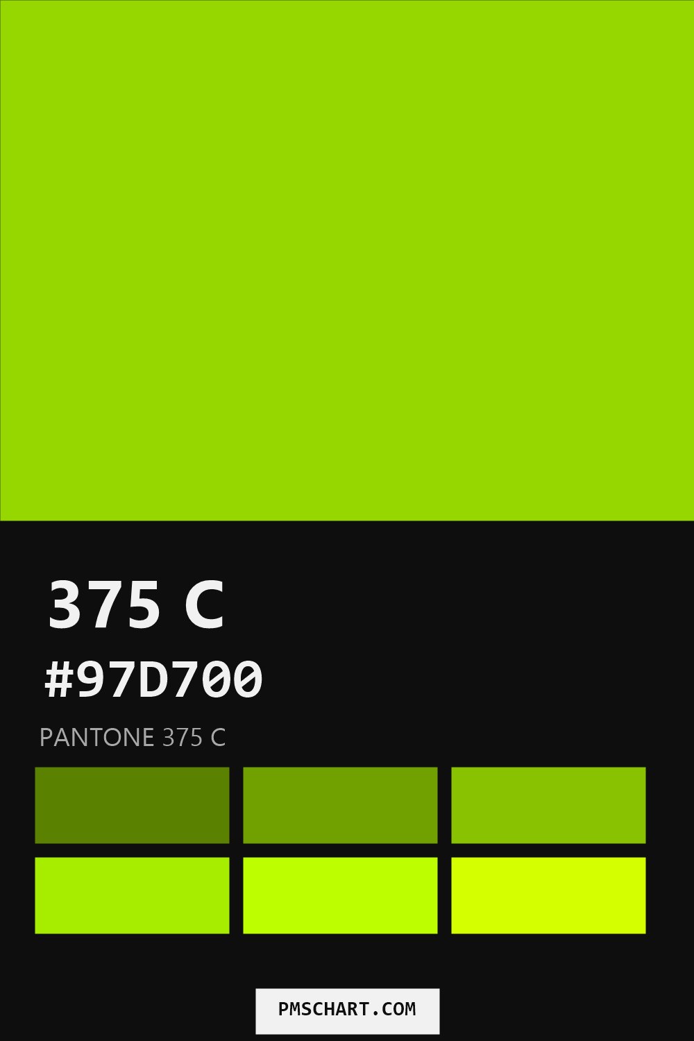 Pantone 375 C color reference card (HEX #97D700) with six nearest Pantone matches