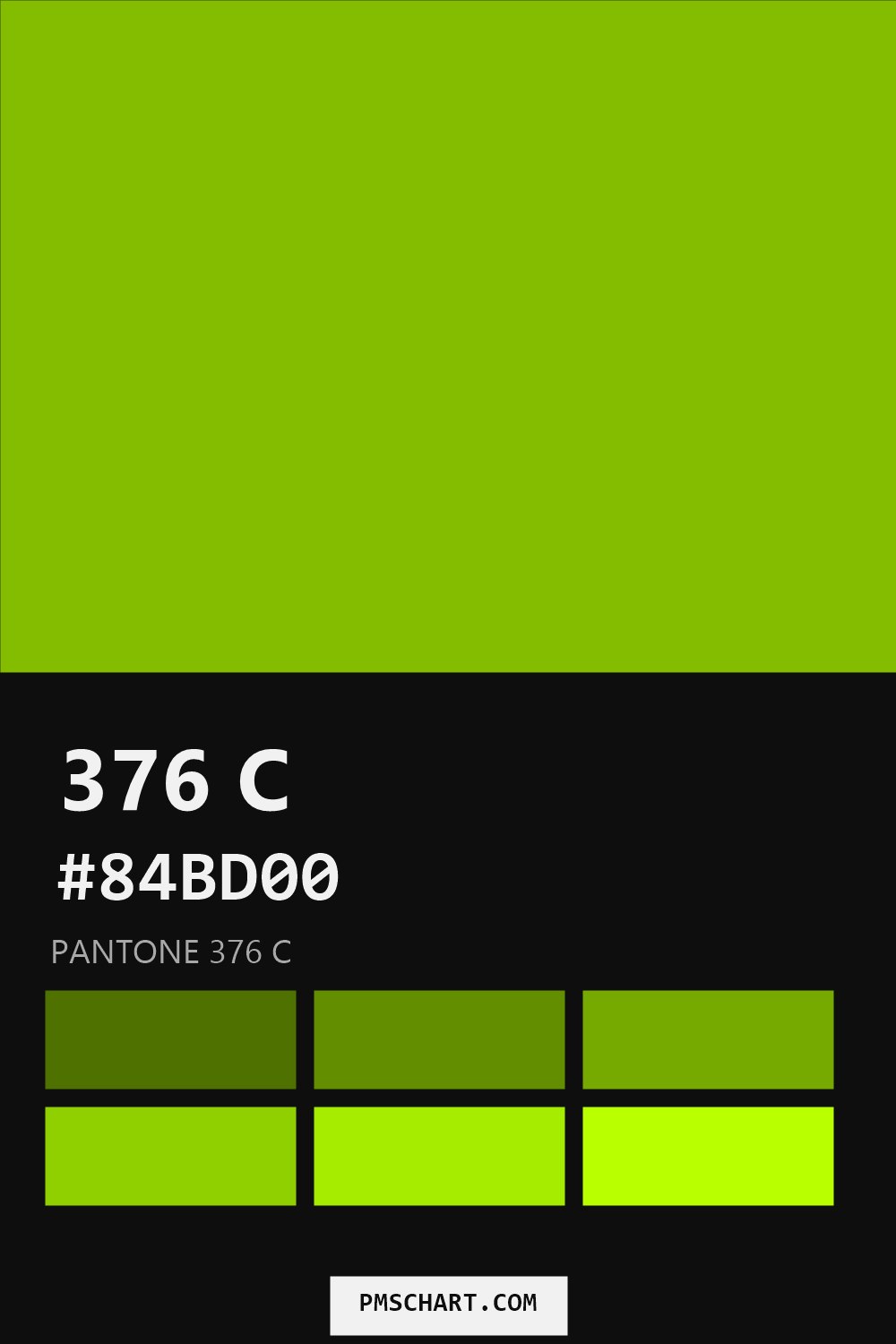 Pantone 376 C color reference card (HEX #84BD00) with six nearest Pantone matches