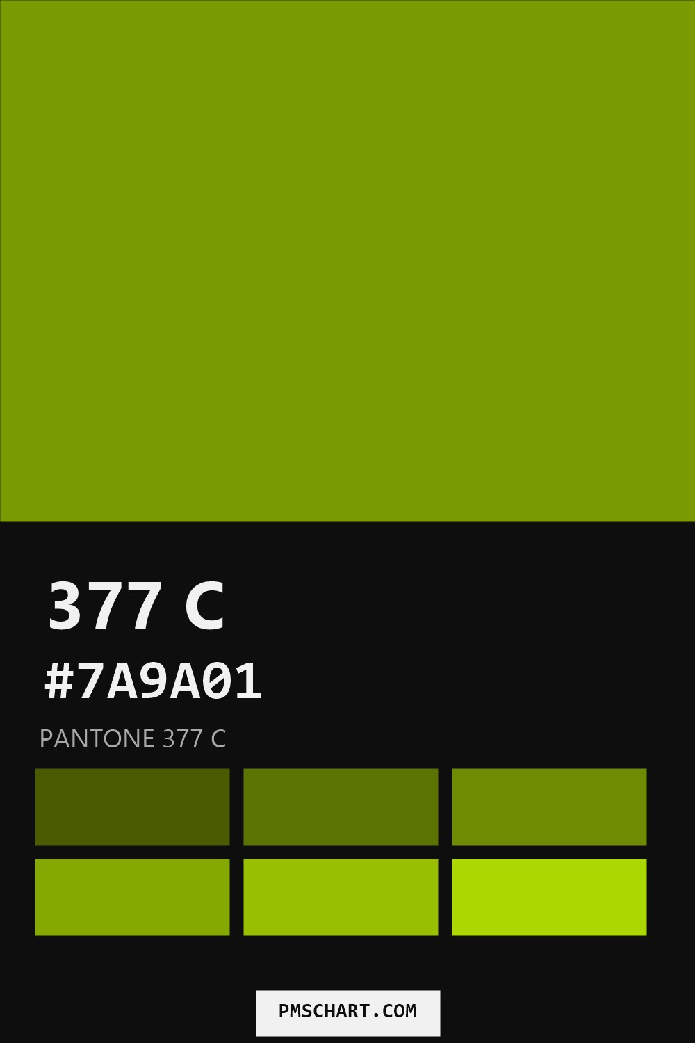 Pantone 377 C color reference card (HEX #7A9A01) with six nearest Pantone matches