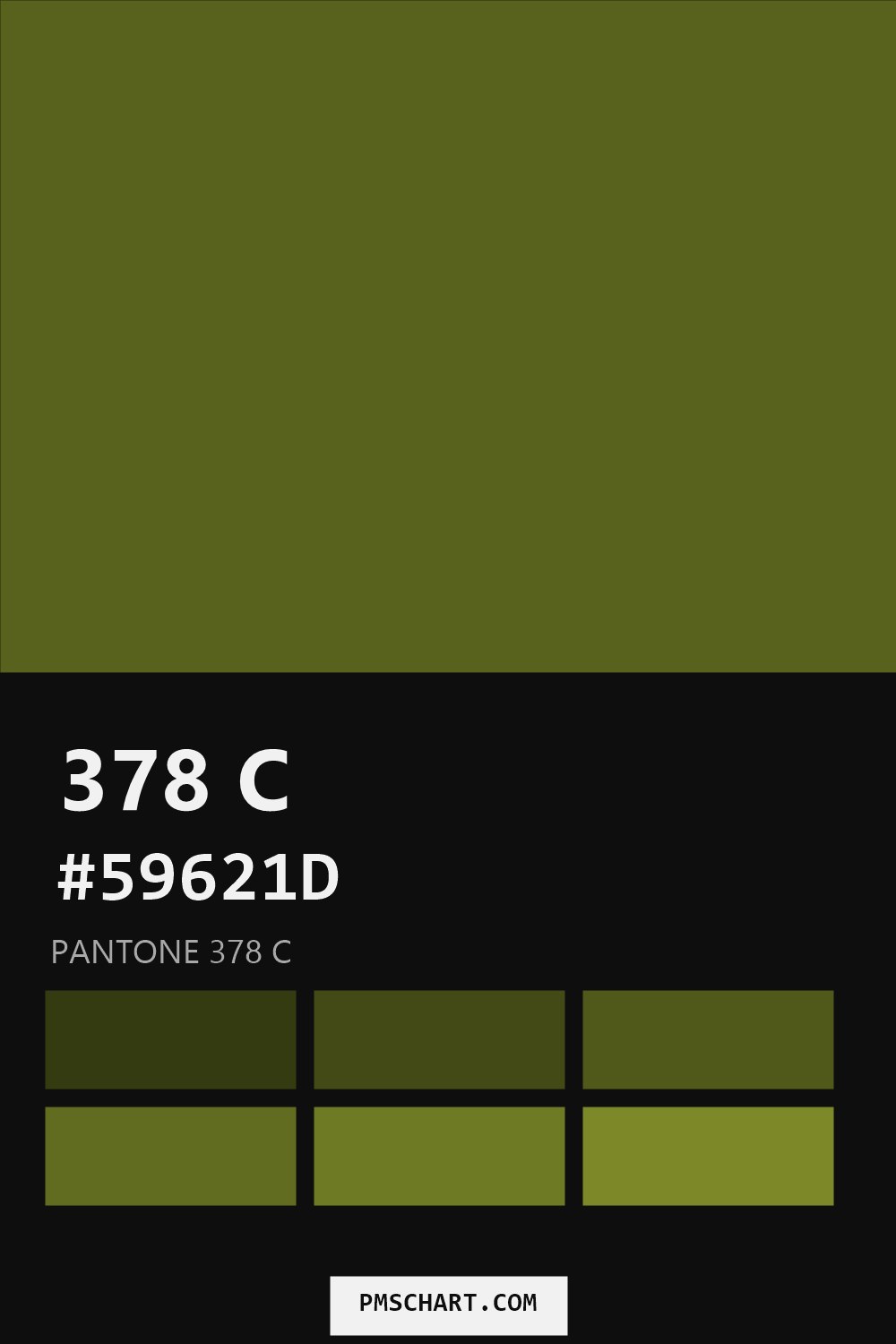 Pantone 378 C color reference card (HEX #59621D) with six nearest Pantone matches