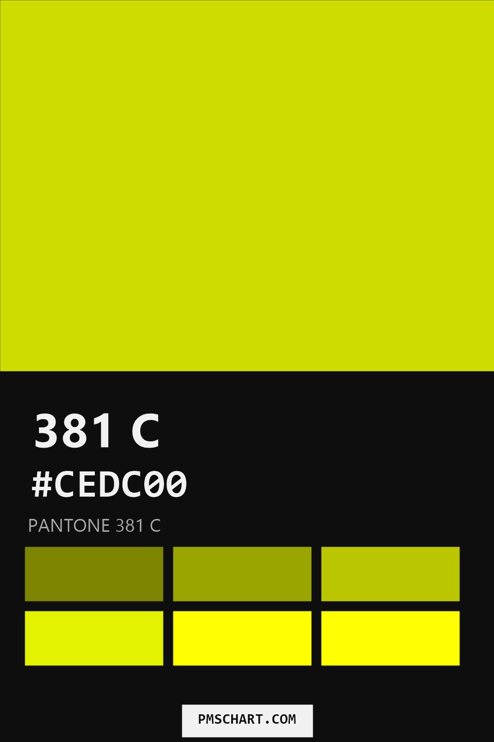 Pantone 381 C color reference card (HEX #CEDC00) with six nearest Pantone matches