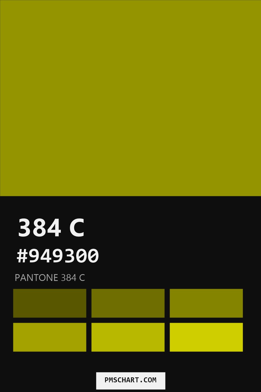 Pantone 384 C color reference card (HEX #949300) with six nearest Pantone matches