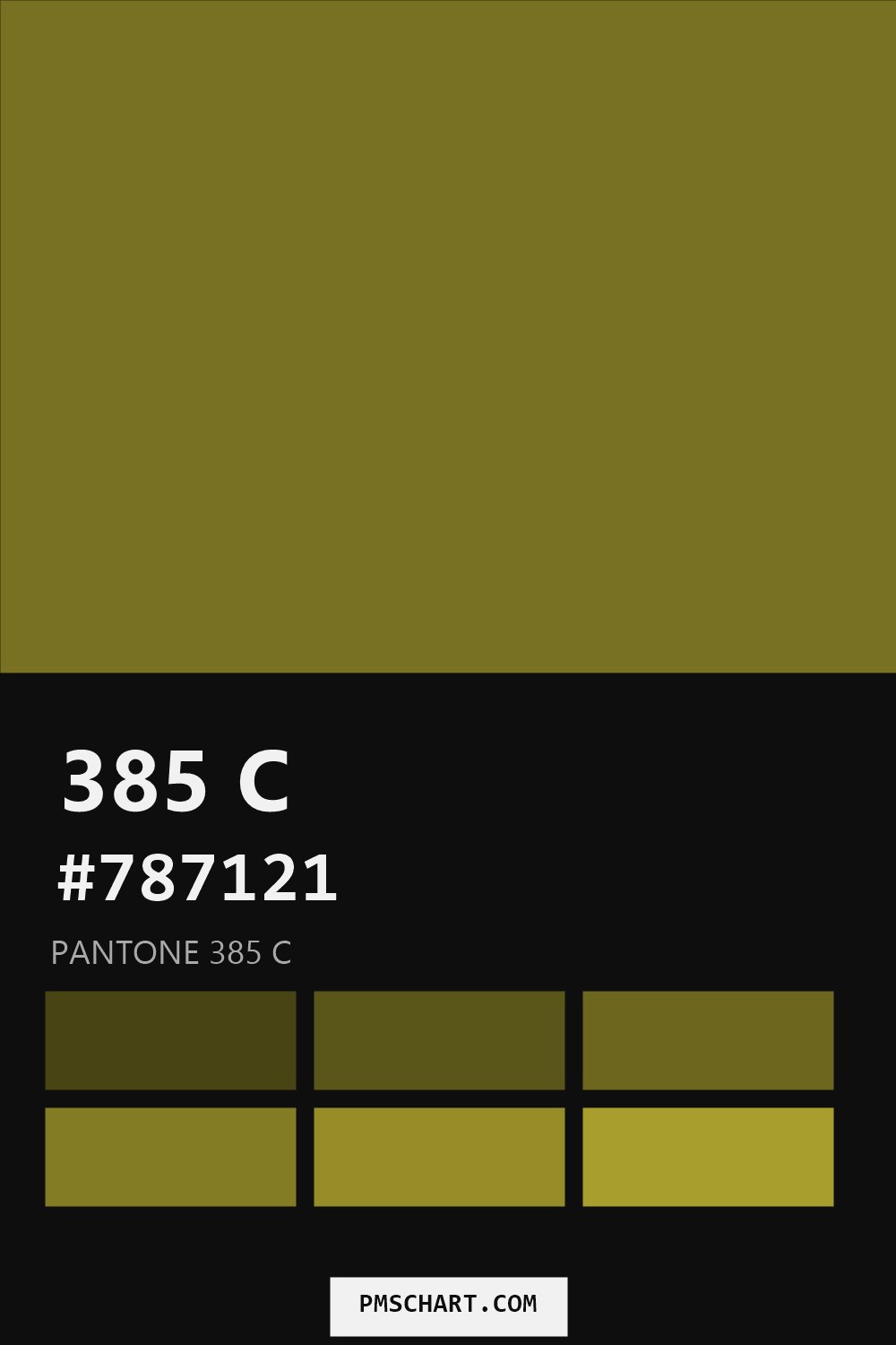 Pantone 385 C color reference card (HEX #787121) with six nearest Pantone matches