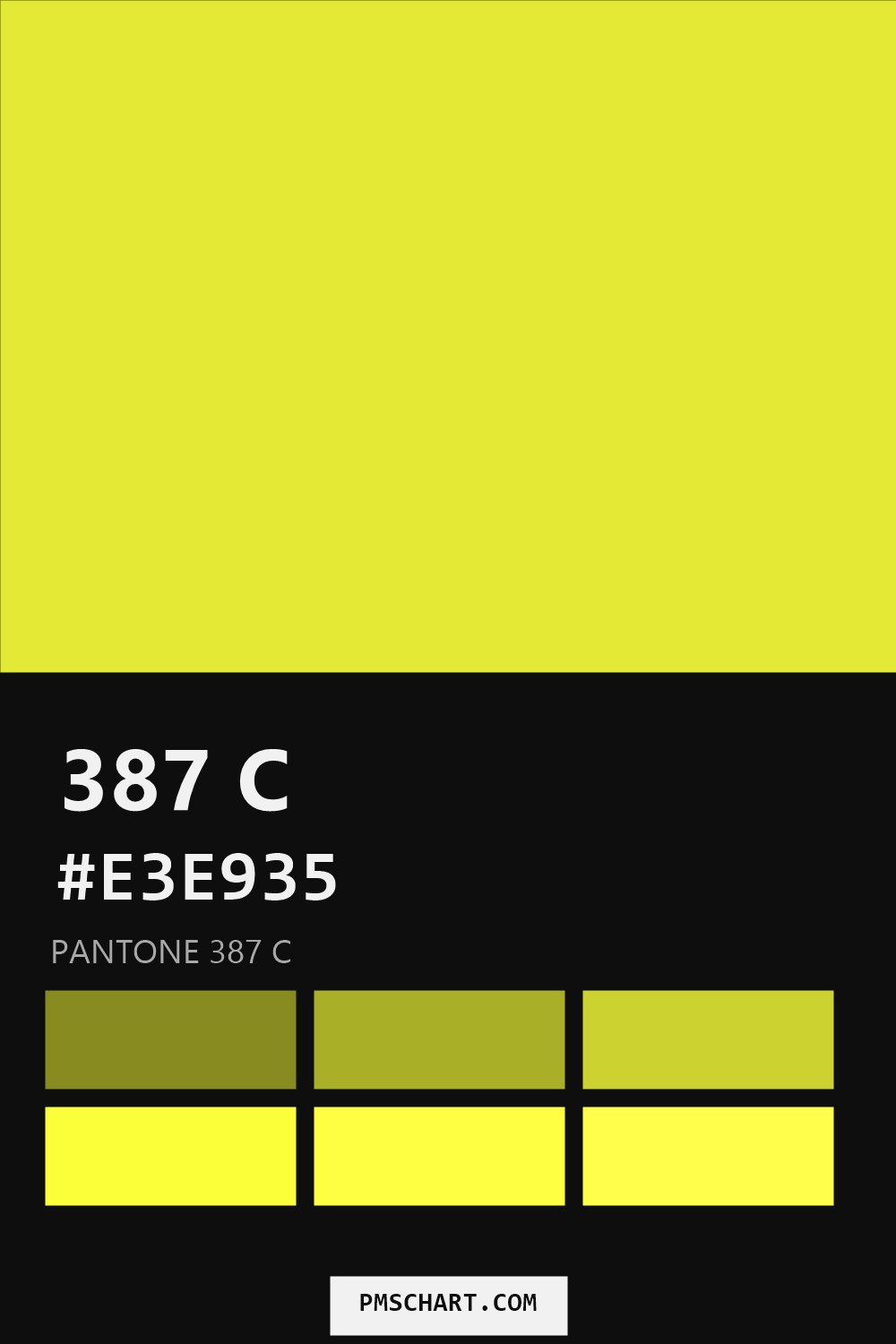 Pantone 387 C color reference card (HEX #E3E935) with six nearest Pantone matches