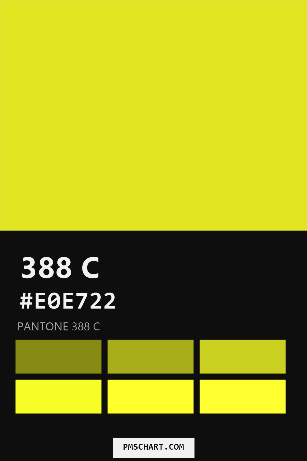 Pantone 388 C color reference card (HEX #E0E722) with six nearest Pantone matches