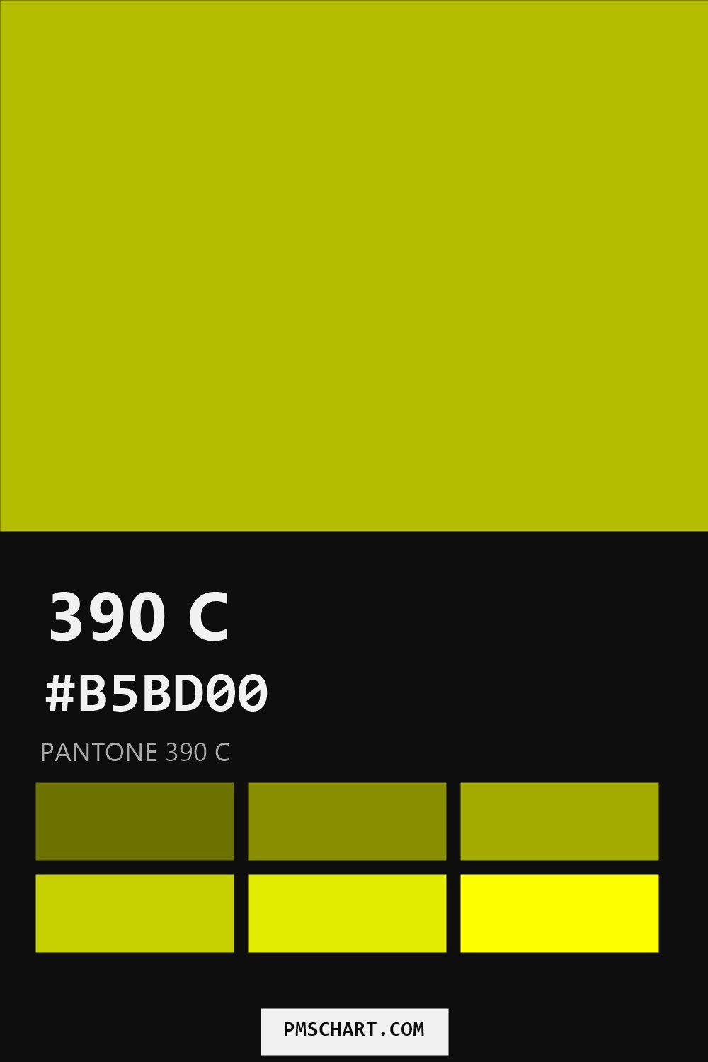 Pantone 390 C color reference card (HEX #B5BD00) with six nearest Pantone matches