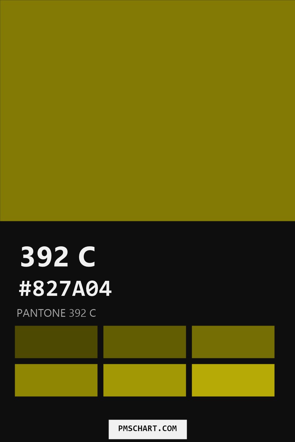 Pantone 392 C color reference card (HEX #827A04) with six nearest Pantone matches