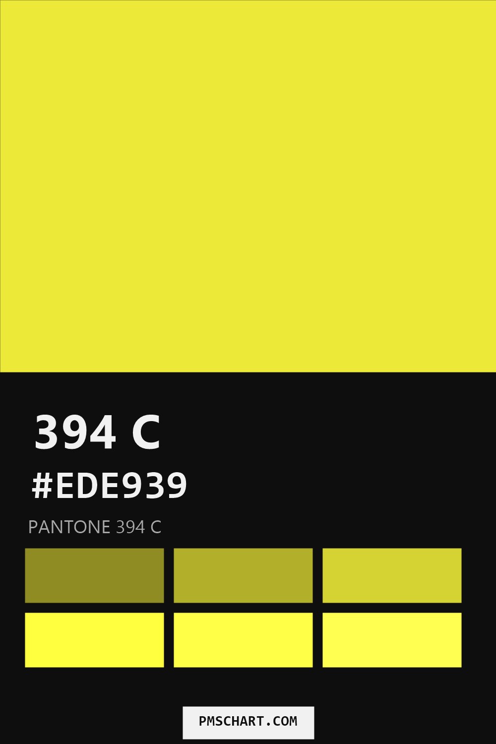 Pantone 394 C color reference card (HEX #EDE939) with six nearest Pantone matches