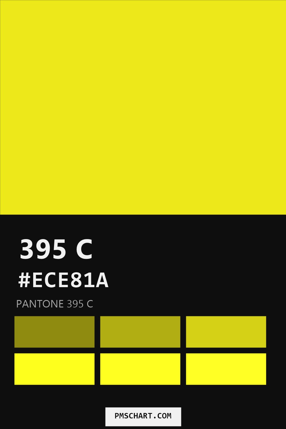 Pantone 395 C color reference card (HEX #ECE81A) with six nearest Pantone matches