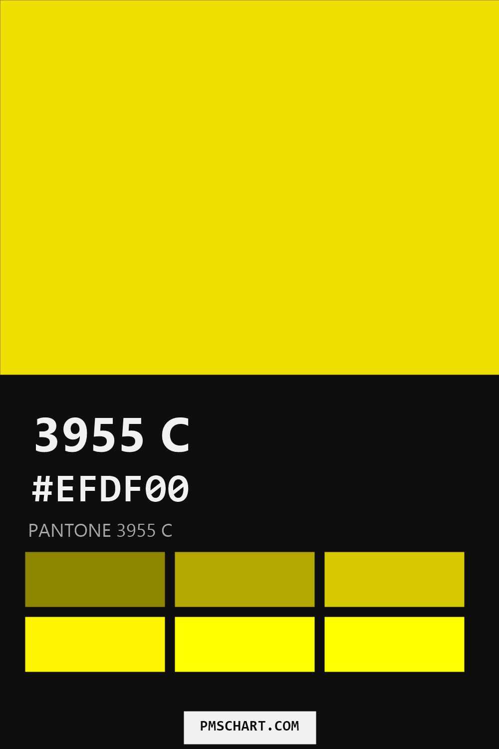 Pantone 3955 C color reference card (HEX #EFDF00) with six nearest Pantone matches