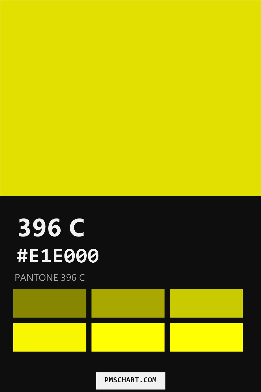 Pantone 396 C color reference card (HEX #E1E000) with six nearest Pantone matches