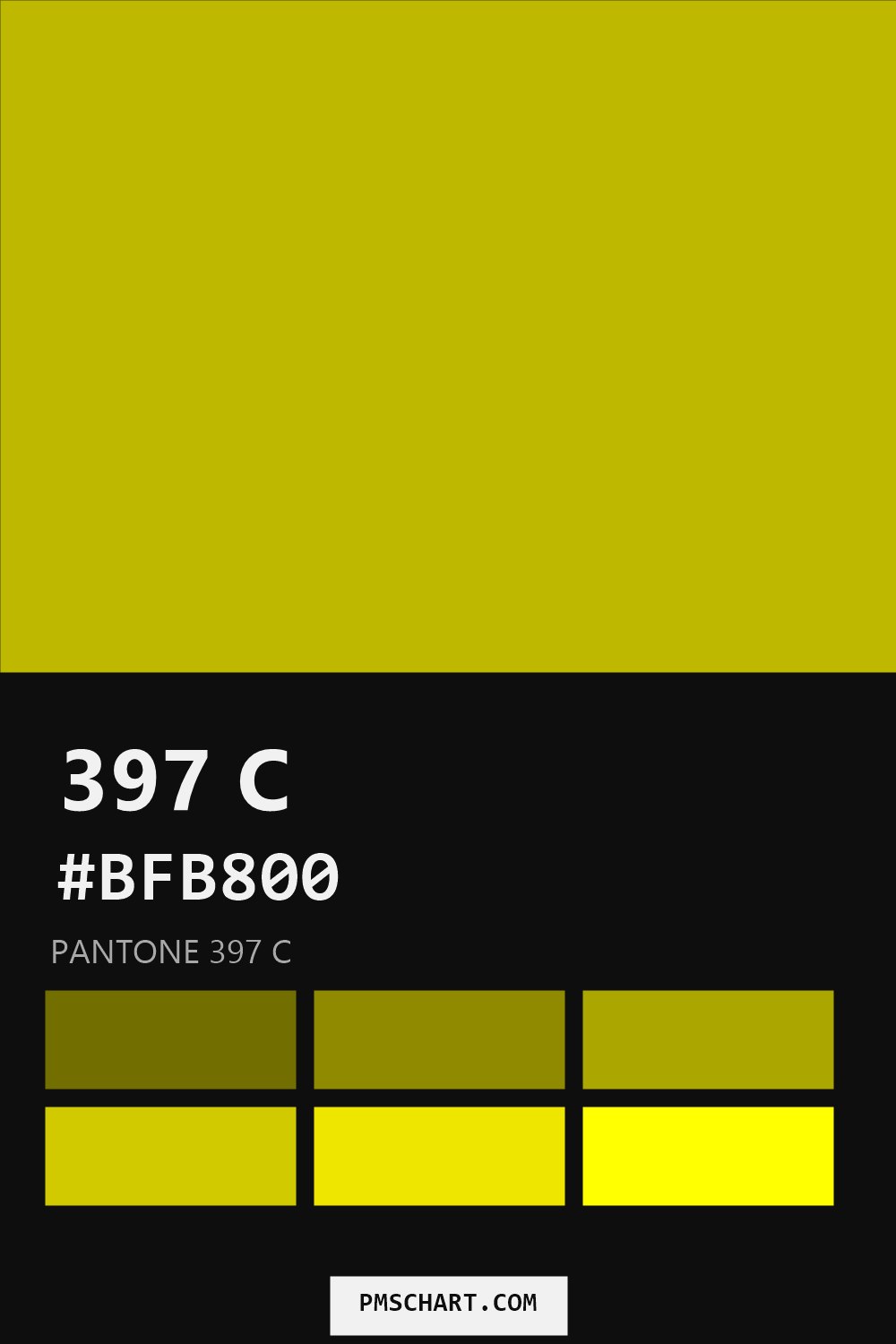 Pantone 397 C color reference card (HEX #BFB800) with six nearest Pantone matches