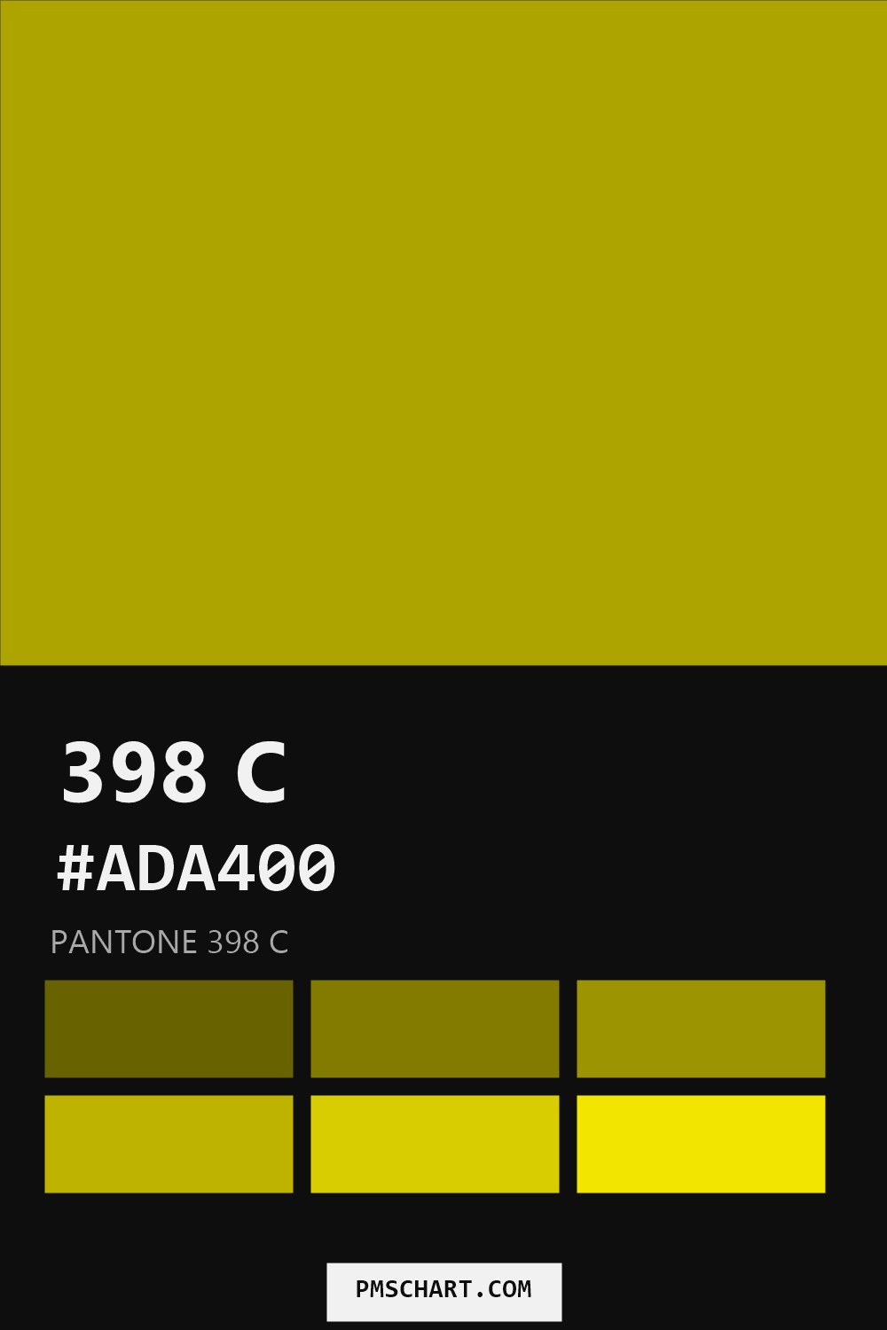 Pantone 398 C color reference card (HEX #ADA400) with six nearest Pantone matches
