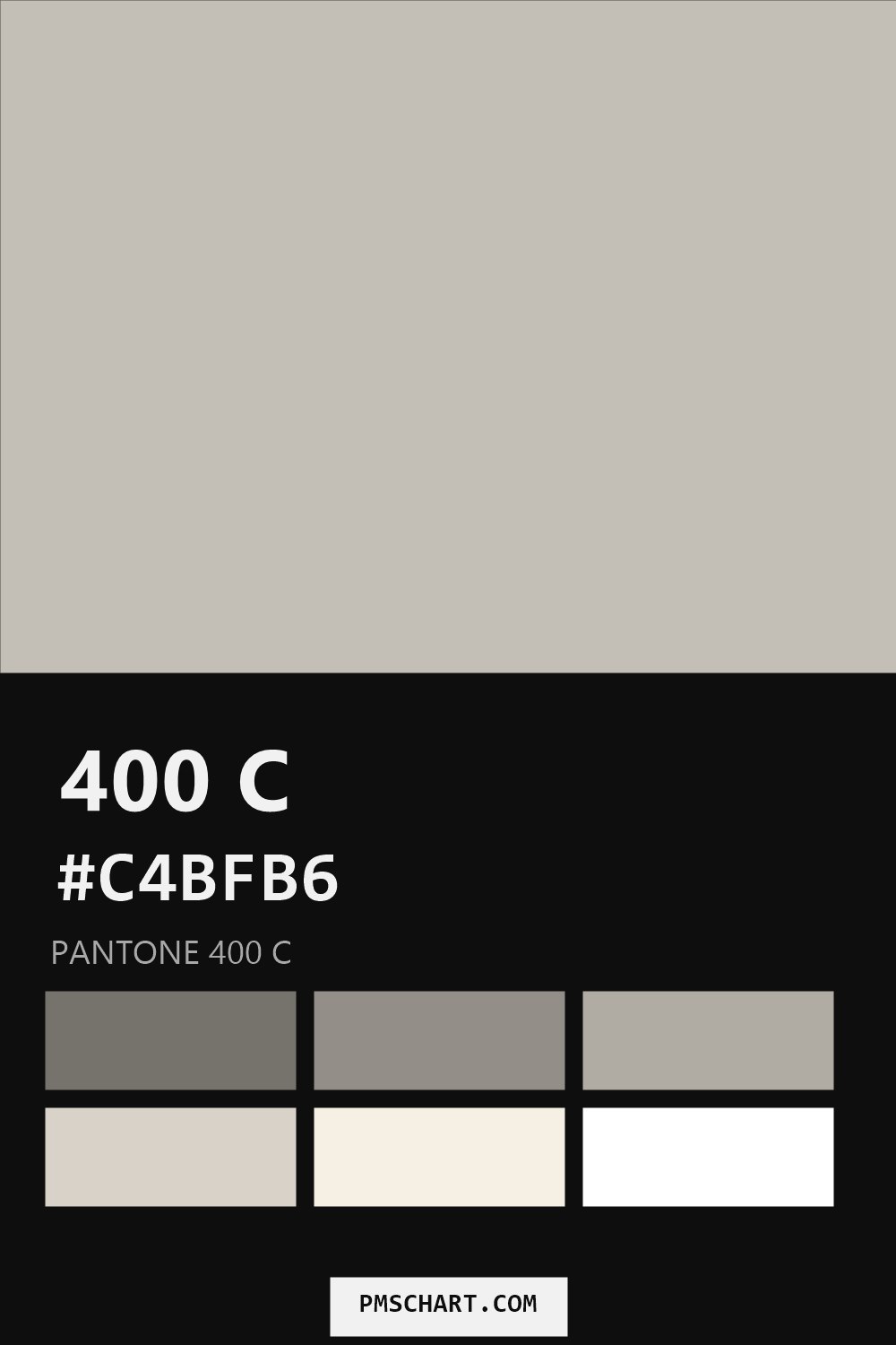 Pantone 400 C color reference card (HEX #C4BFB6) with six nearest Pantone matches
