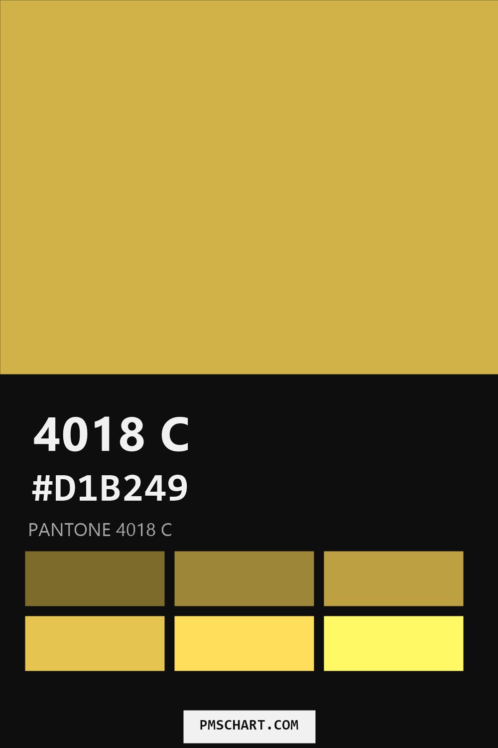 Pantone 4018 C color reference card (HEX #D1B249) with six nearest Pantone matches