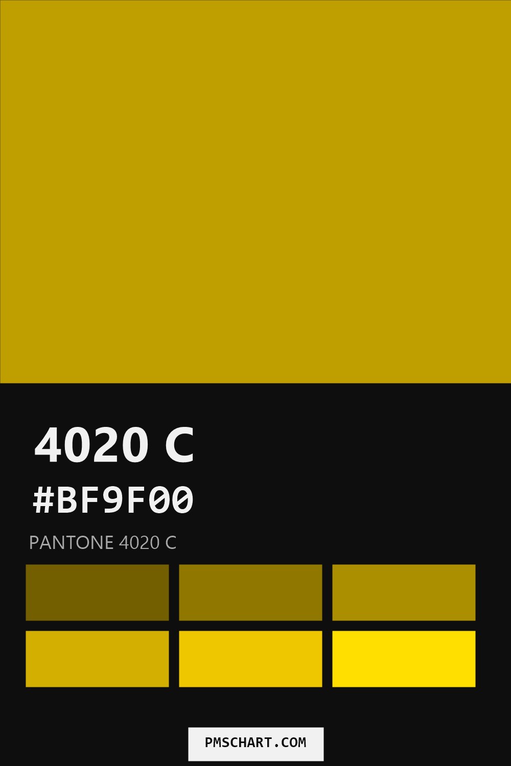 Pantone 4020 C color reference card (HEX #BF9F00) with six nearest Pantone matches