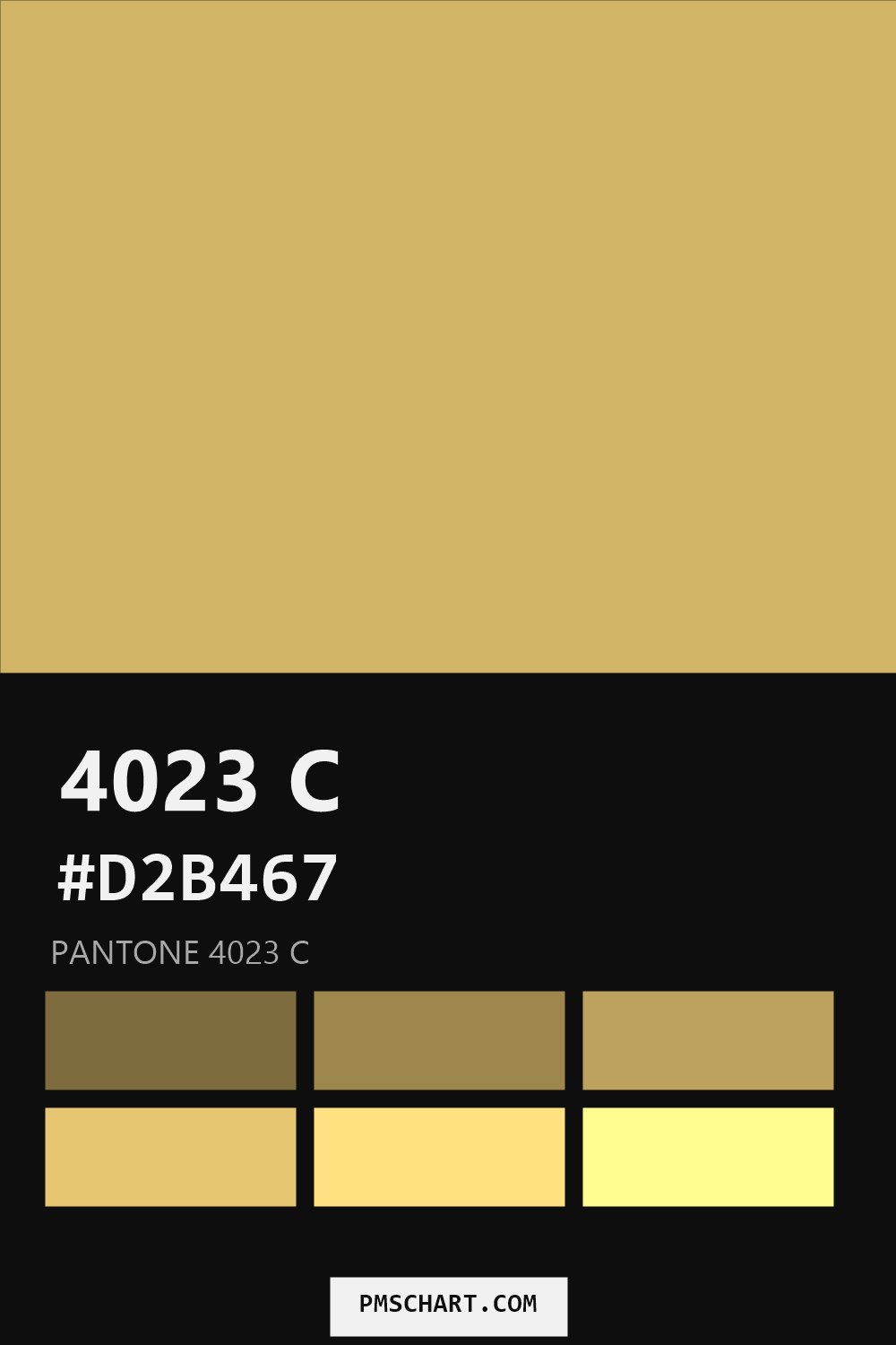 Pantone 4023 C color reference card (HEX #D2B467) with six nearest Pantone matches