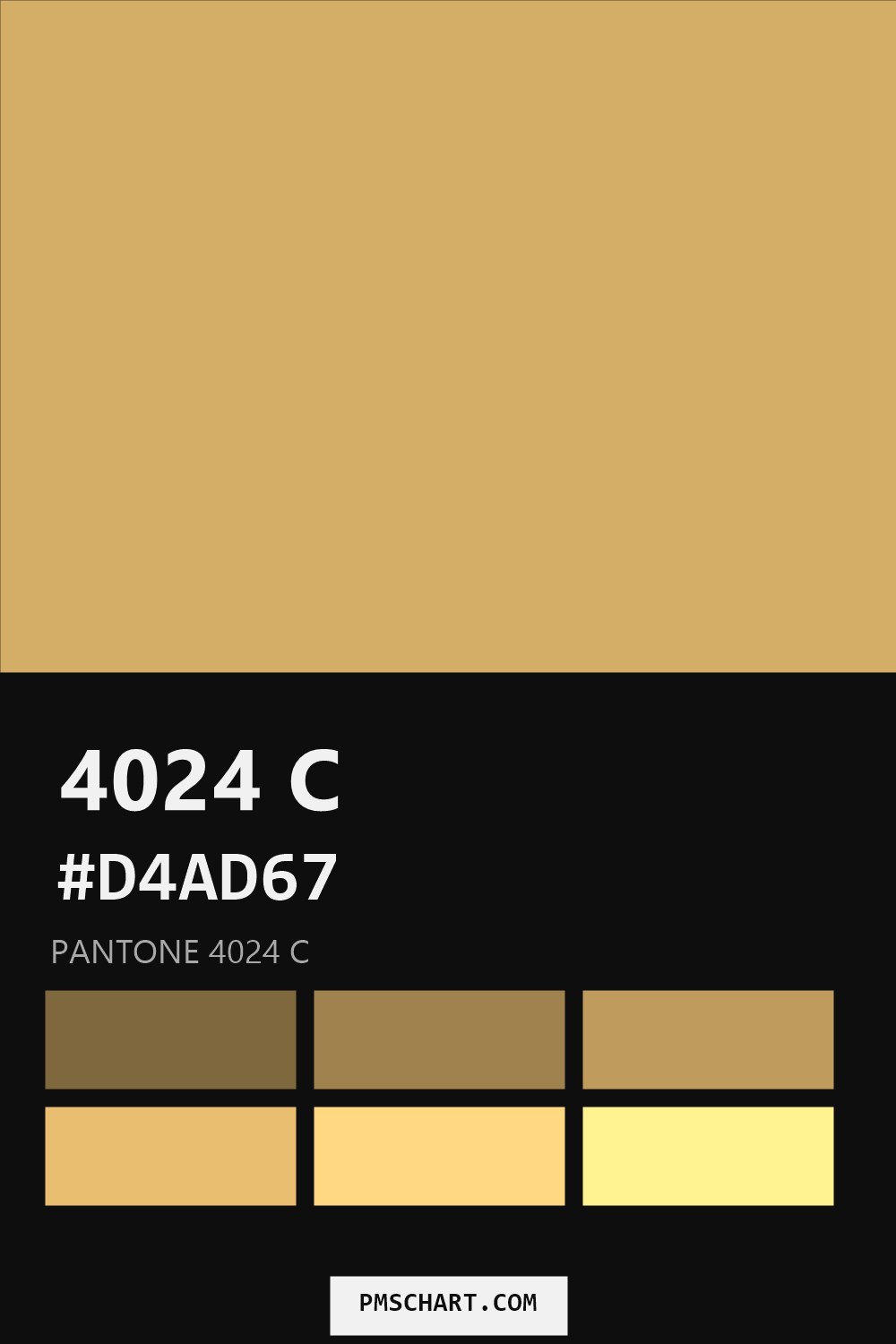 Pantone 4024 C color reference card (HEX #D4AD67) with six nearest Pantone matches